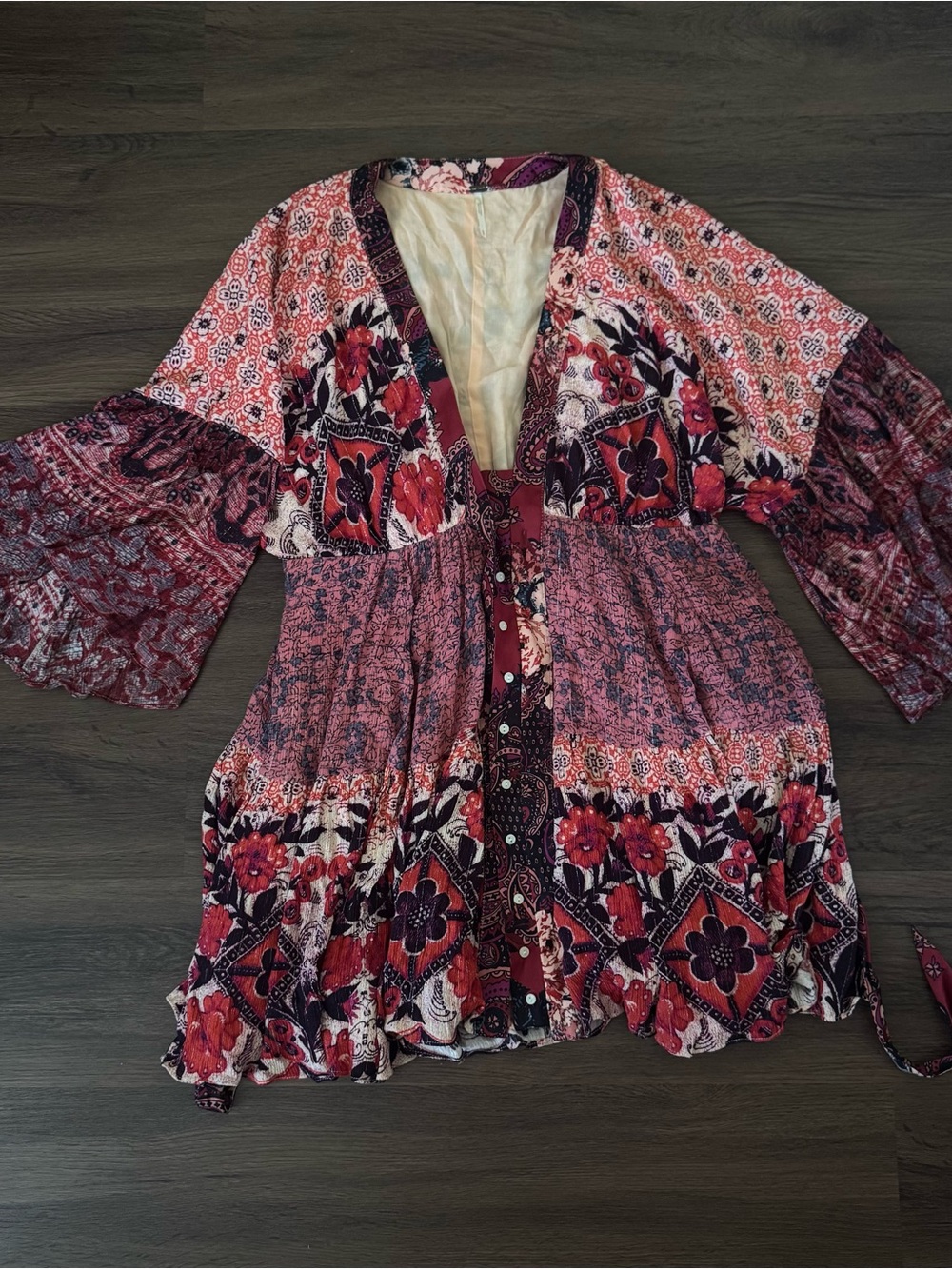 Free People Red and Pink Floral Boho Button Front Tunic